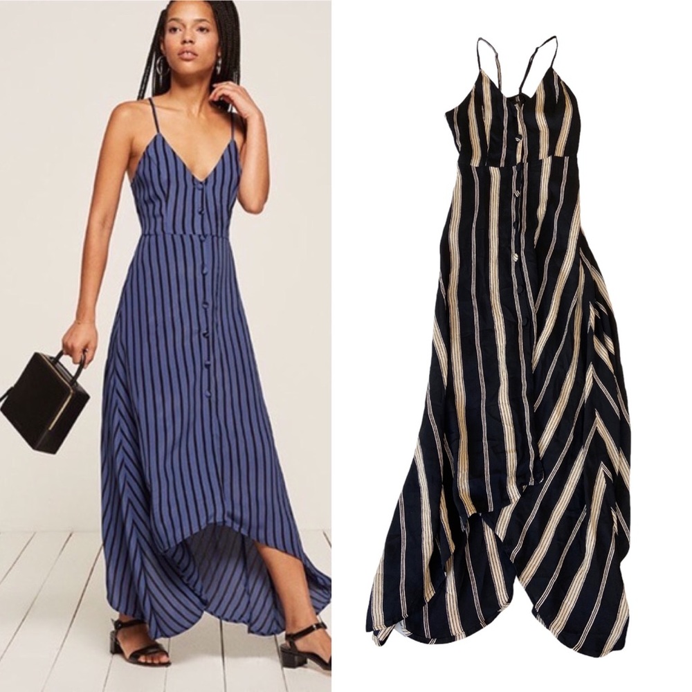 Reformation Striped Maxi Button Up Savannah Dress Size 4 Adjustable Straps Black